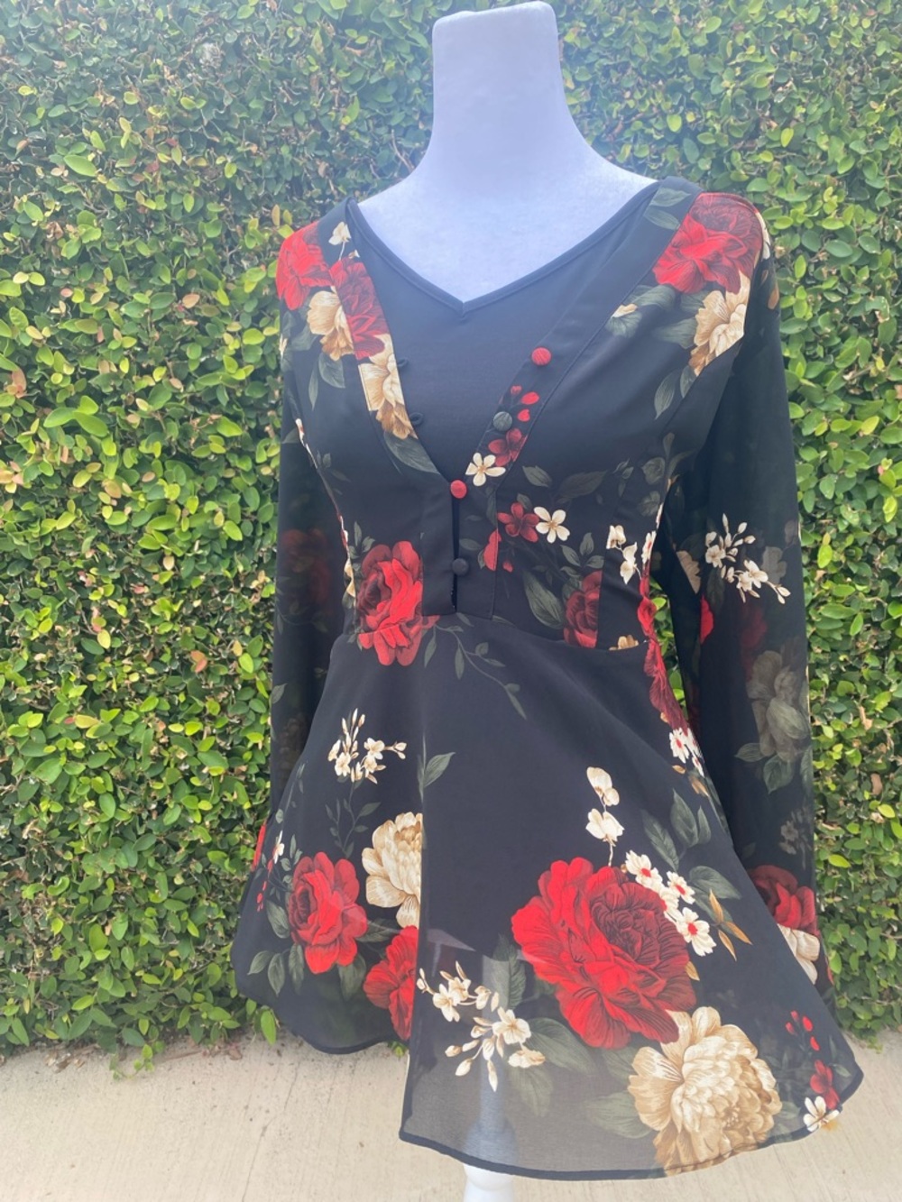 City Chic Black Floral Peplum Top with Red & Cream Blooms - Picture 4 of 7